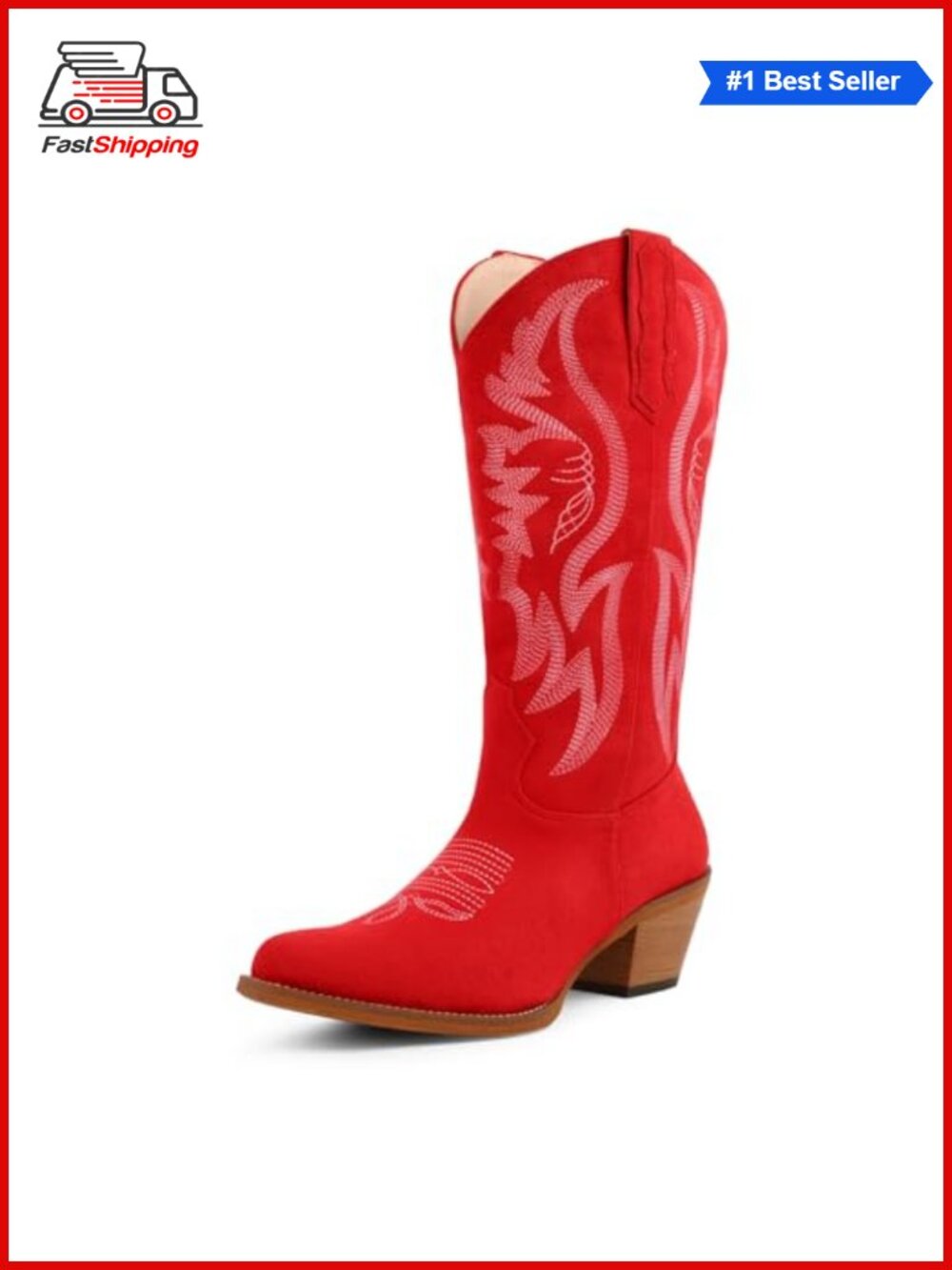 ✨ Cowboy Boots for Women Floral Embroidered Pointed Toe Chunky Heel Mid Calf